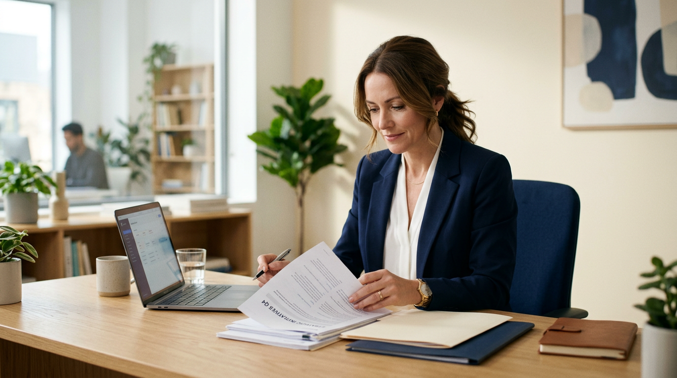 Professional reviewing documents at desk